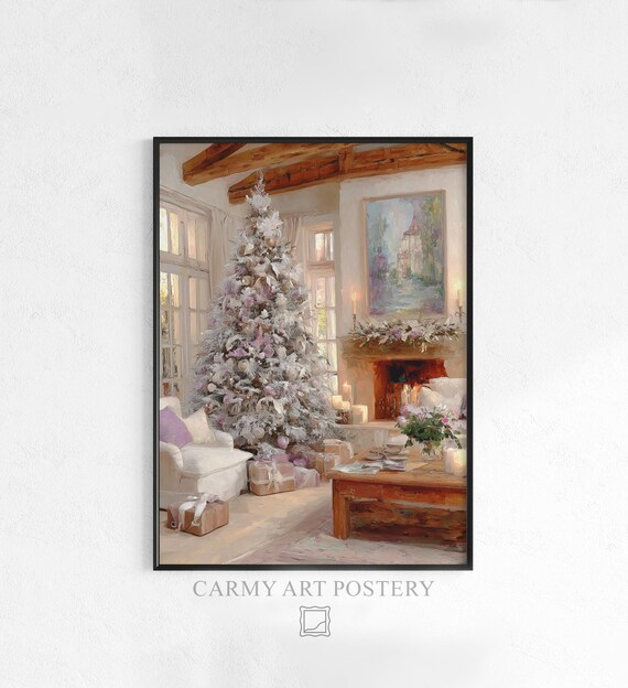 Cozy Christmas Living Room Flocked Tree Fireplace Painting Poster