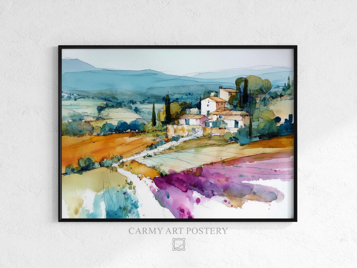 Tuscany Farmhouse Watercolor with Cypress Rolling Hills Art Poster