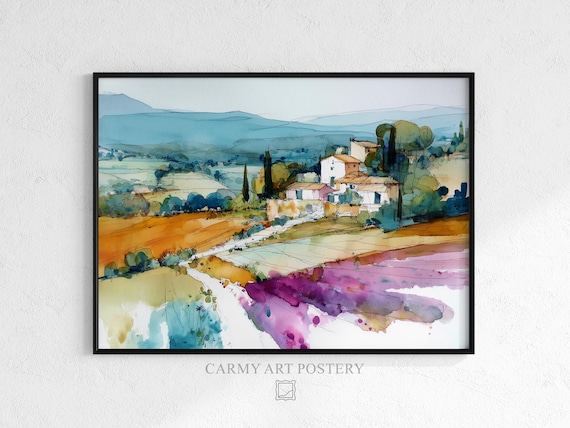 Tuscany Farmhouse Watercolor with Cypress Rolling Hills Art Poster