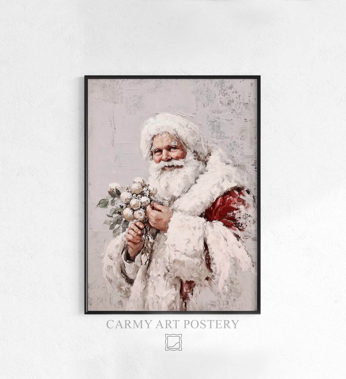 Santa Claus Close Up Portrait with Frosted Bouquet Vintage Poster