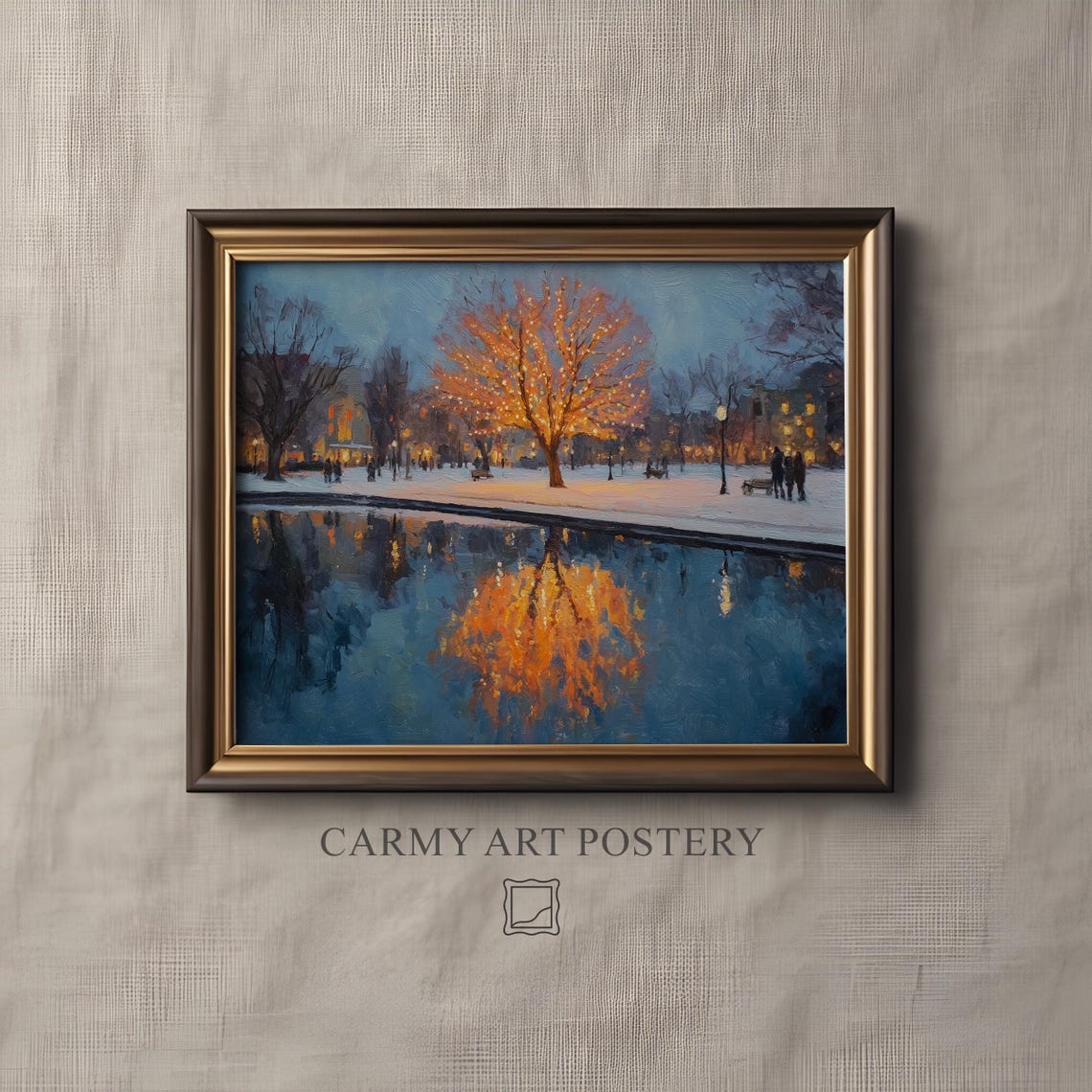 Winter Park Glowing Tree Lights Pond Reflection Night Art Poster