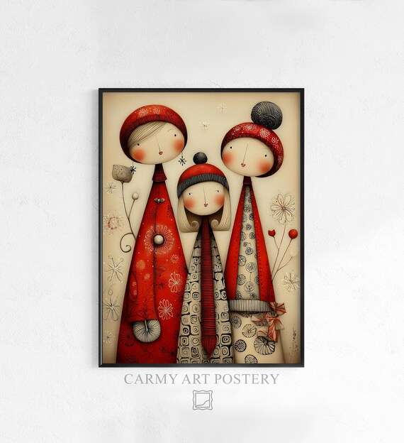 Festive Vintage Christmas Art Cozy Folk Illustration With Cute Holiday Figures Rustic Winter Decor 415