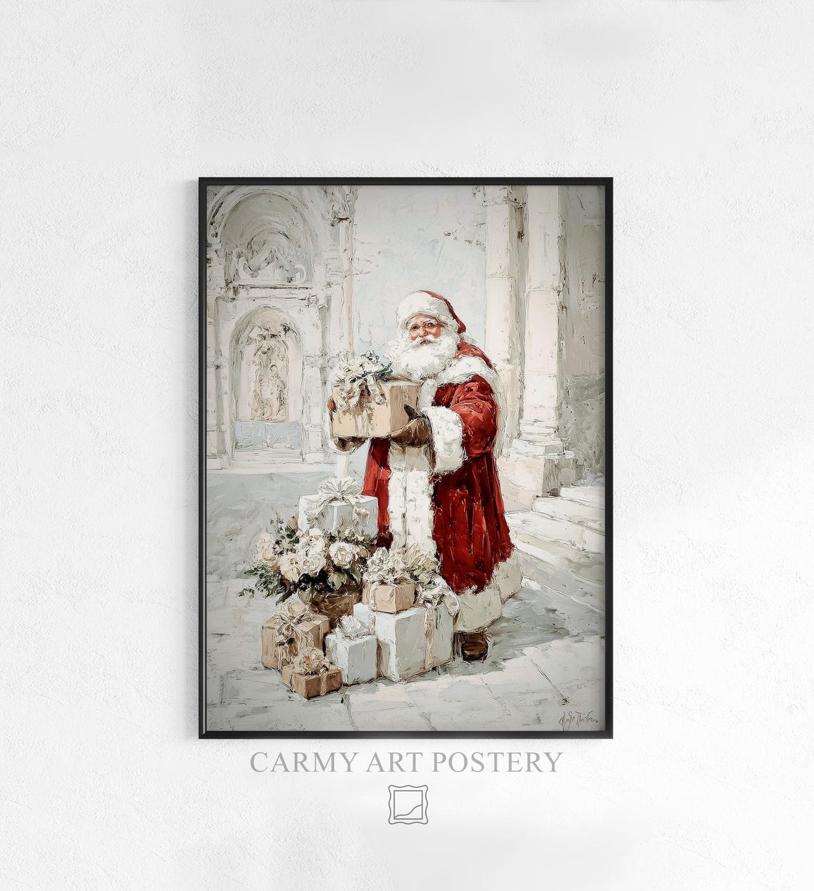 Santa Claus Holding Gift in Elegant Hallway Vintage Christmas Poster