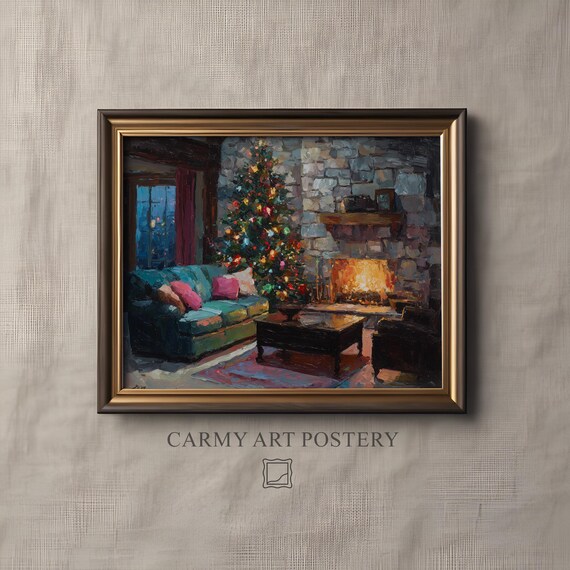 Cozy Christmas Living Room Fireplace Tree Vintage Holiday Poster