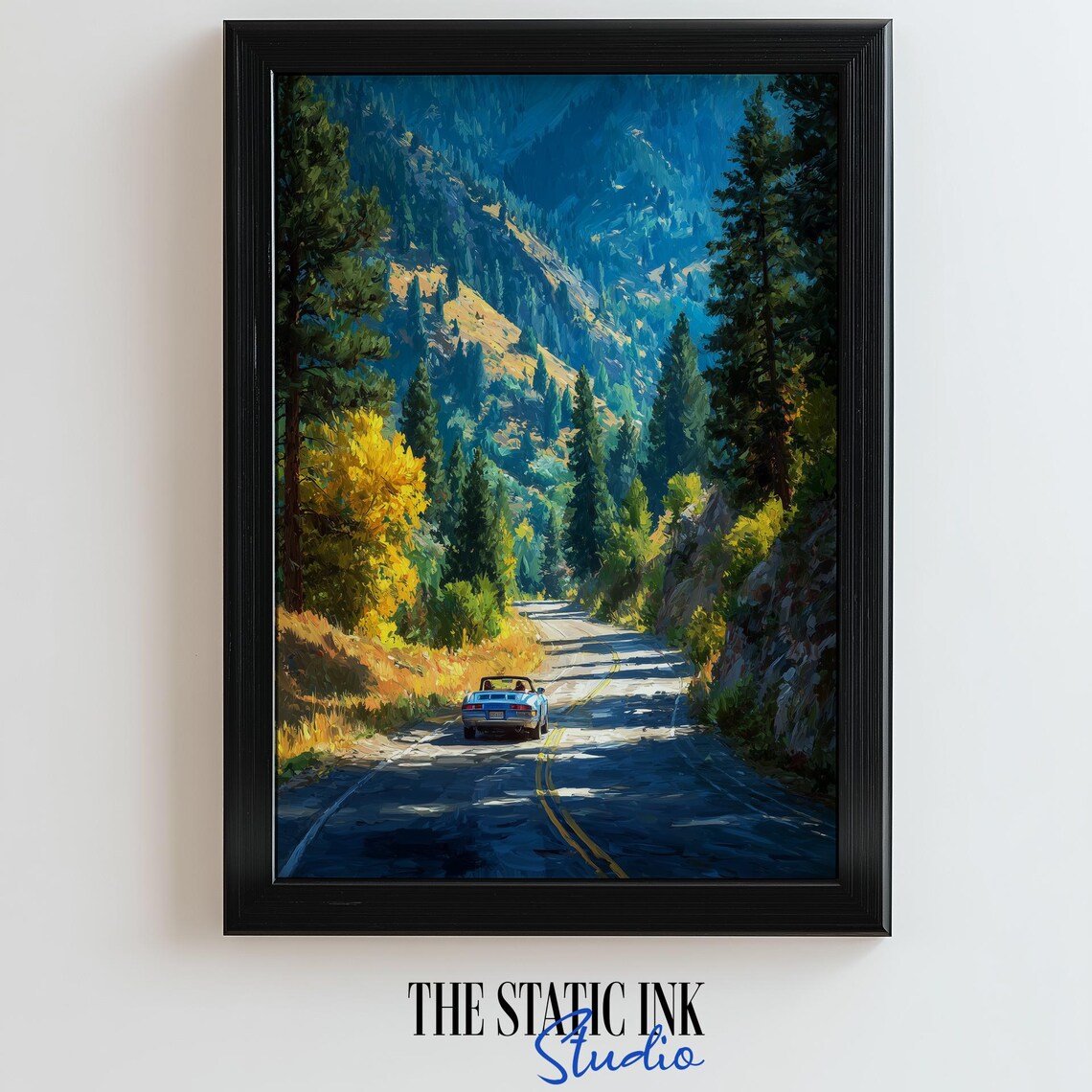 Convertible Driving Through Colorful Autumn Forest Road Poster
