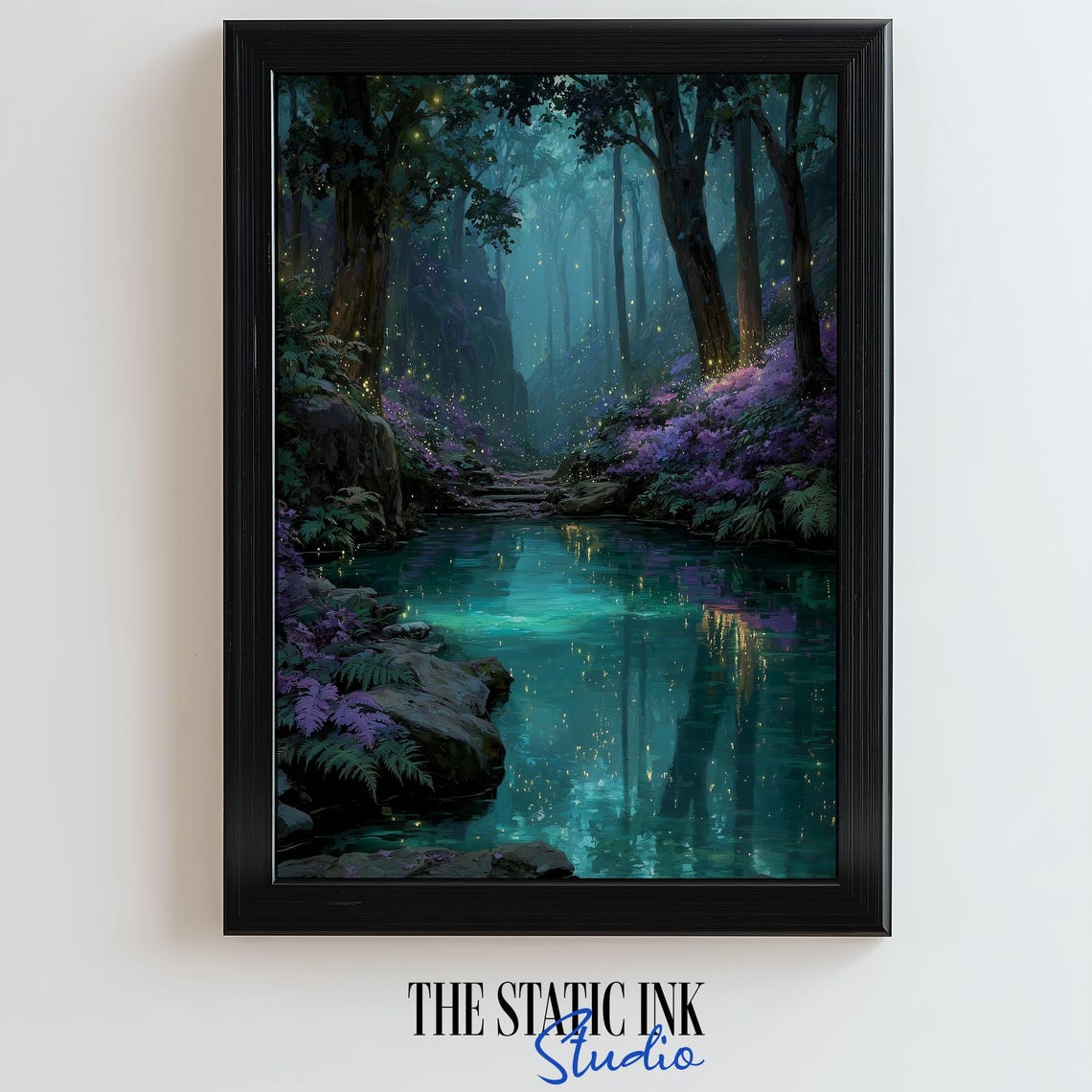Enchanted Forest Pond With Fireflies and Purple Foliage Art Poster