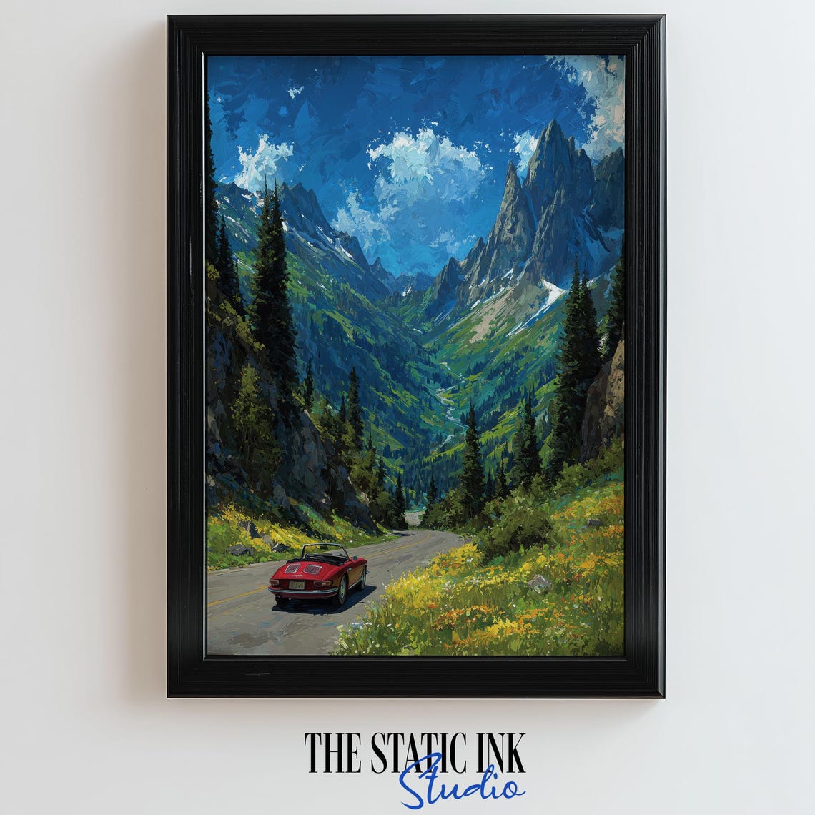 Red Vintage Convertible Summer Alpine Drive Wildflowers Poster