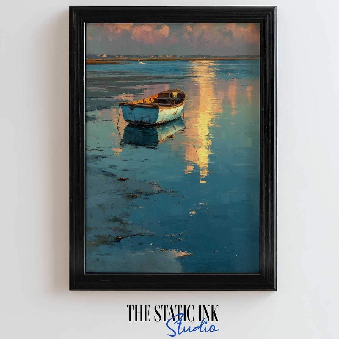 Wooden Rowboat Sunset Calm Water Reflection Seascape Painting Poster