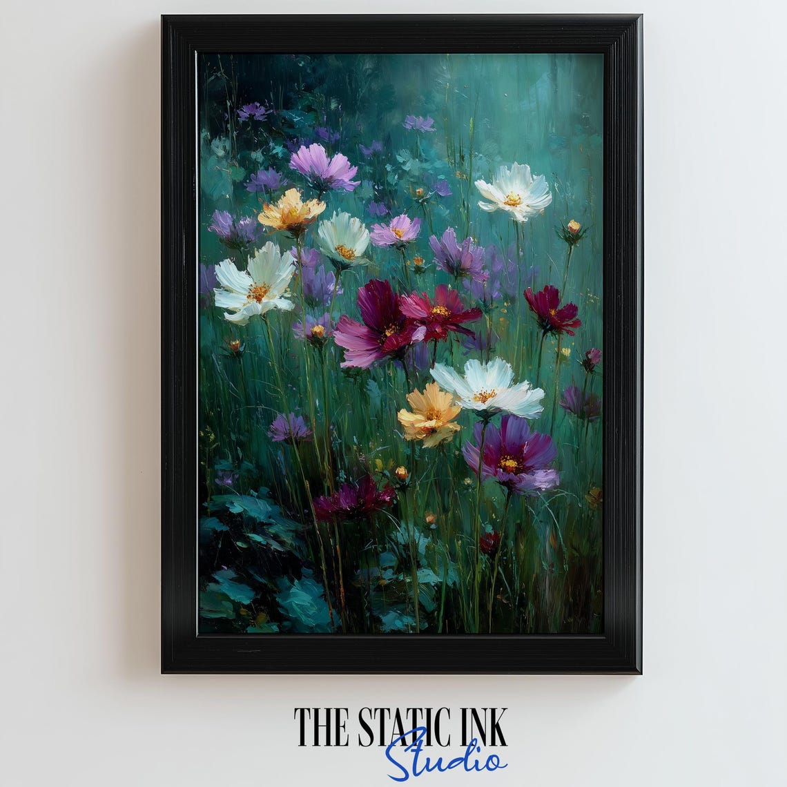 Wild Cosmos Garden Blooming in Burgundy Lavender and White Poster