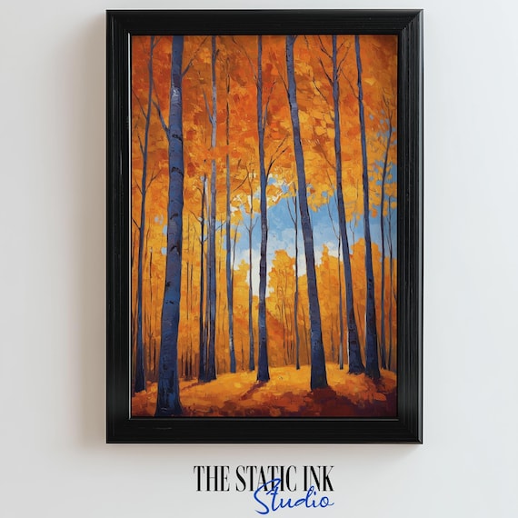 Golden Birch Forest With Blue Tree Trunks In Autumn Light Poster