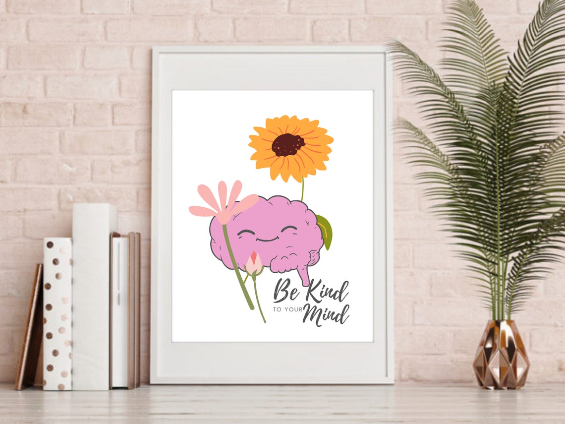 Be Kind To Your Mind Cute Brain Floral Mental Wellness Poster - Image 6