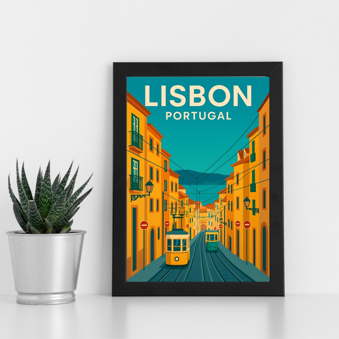Lisbon Portugal Vintage Travel Poster Yellow Tram Street Scene Poster