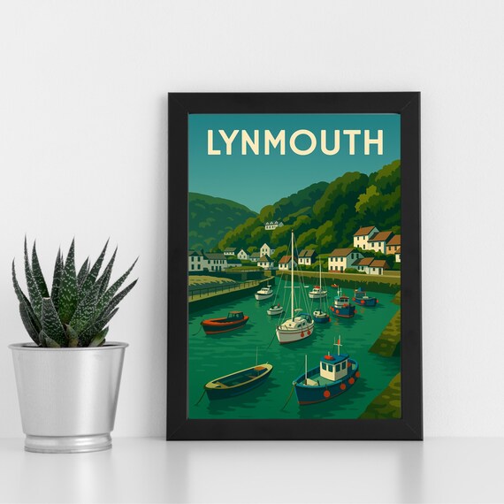 Lynmouth Devon Vintage Harbor Travel Poster Boats And Hillside Homes