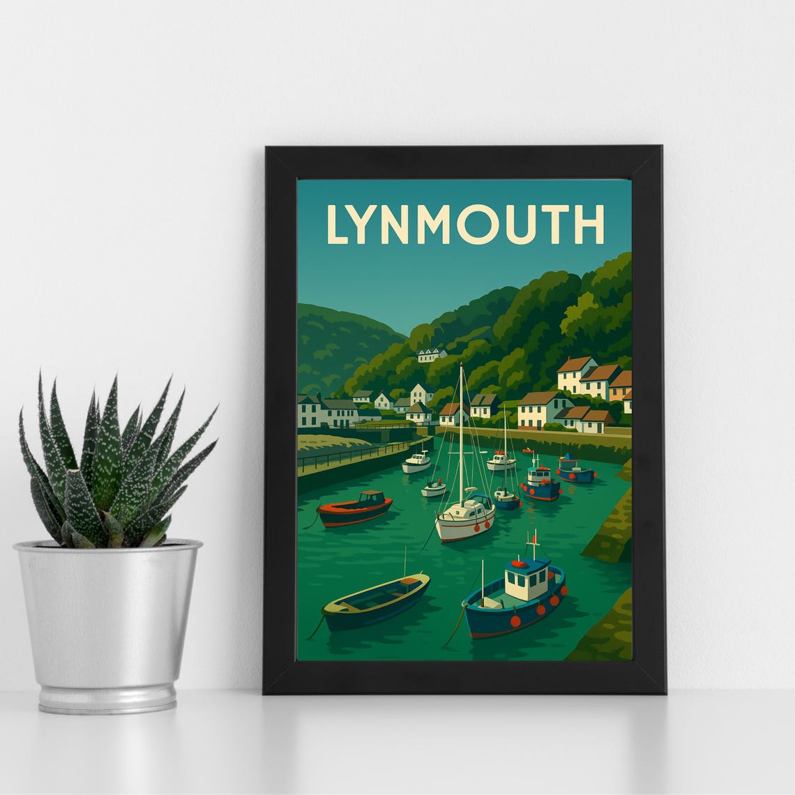 Lynmouth Devon Vintage Harbor Travel Poster Boats And Hillside Homes