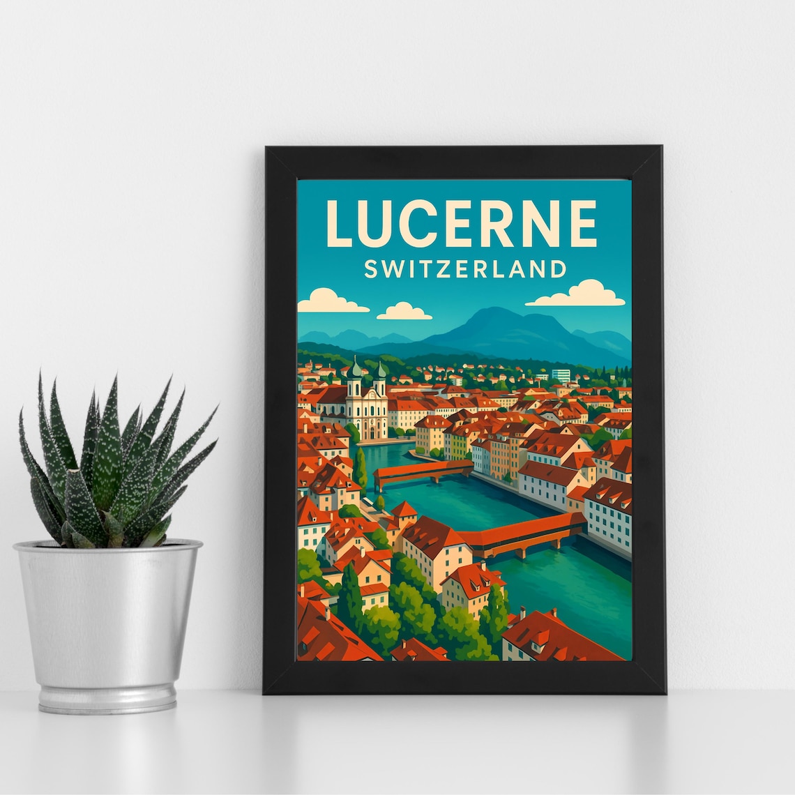 Lucerne Switzerland Old Town Chapel Bridge Vintage Travel Poster