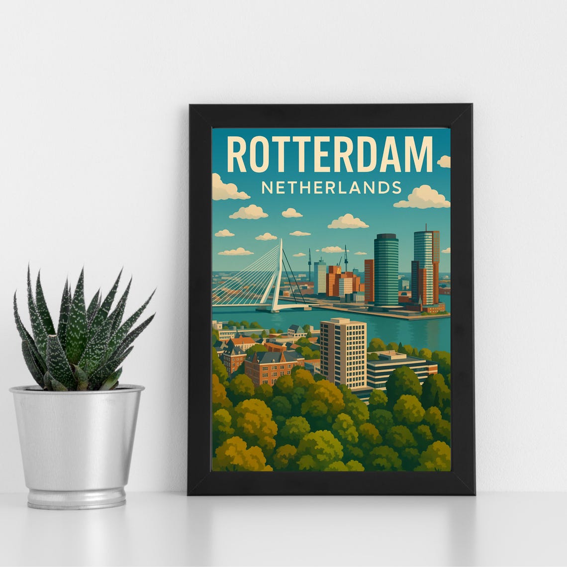 Rotterdam Netherlands Erasmus Bridge Skyline Retro Travel Poster