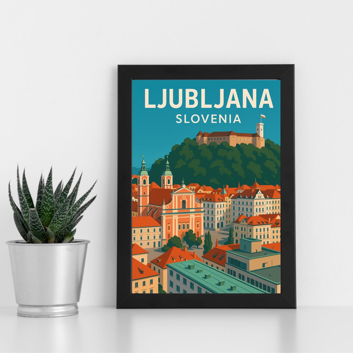 Ljubljana Slovenia Castle Hill Old Town Vintage Travel Poster