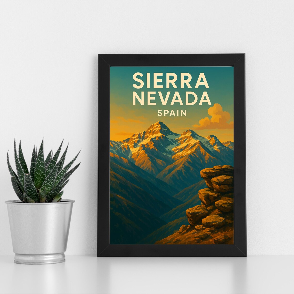 Sierra Nevada Spain Golden Snowy Peaks Vintage Travel Poster