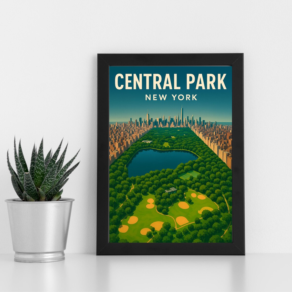 Central Park New York Aerial View Reservoir Skyline Travel Poster