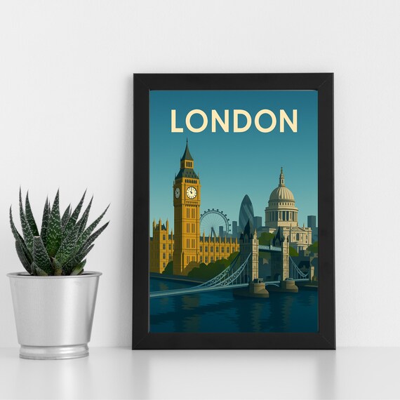 London England Vintage Travel Poster Big Ben Tower Bridge Eye Collage