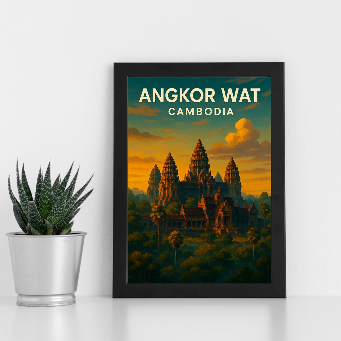 Angkor Wat Cambodia Temple Sunset Vintage Retro Travel Poster