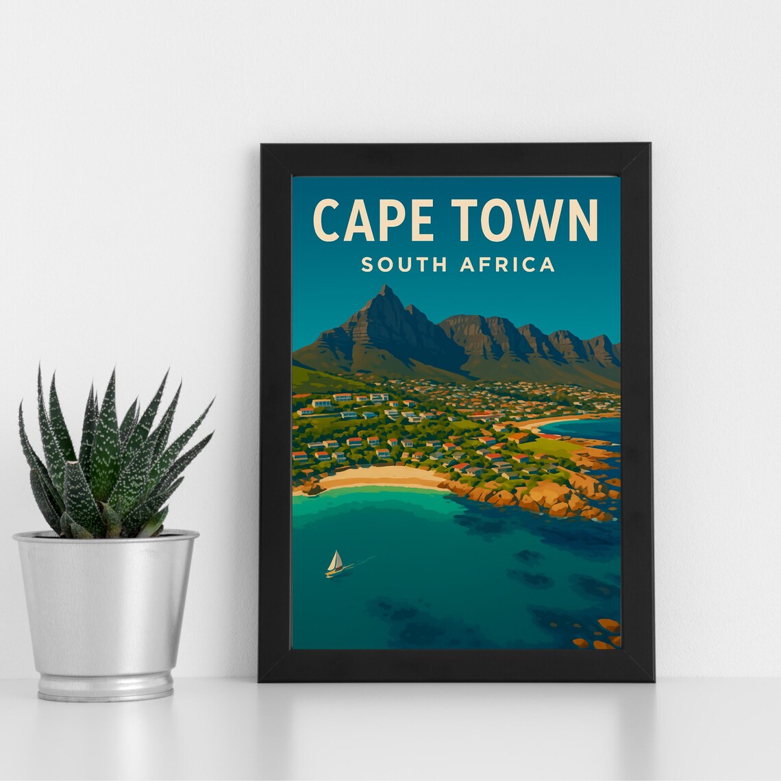 Cape Town South Africa Bay Sailboat Mountain Coast Art Poster
