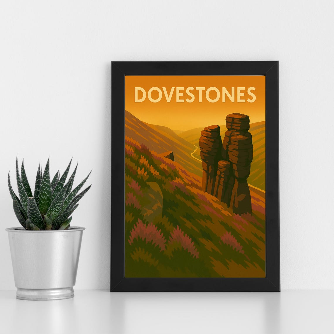 Dovestones Rock Formations Sunset Valley Vintage Travel Poster