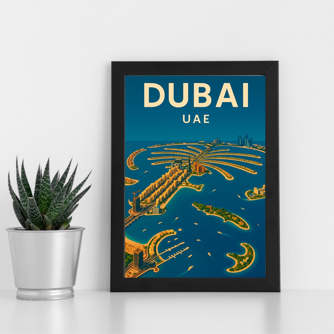Dubai UAE Palm Jumeirah Aerial Island View Vintage Travel Poster