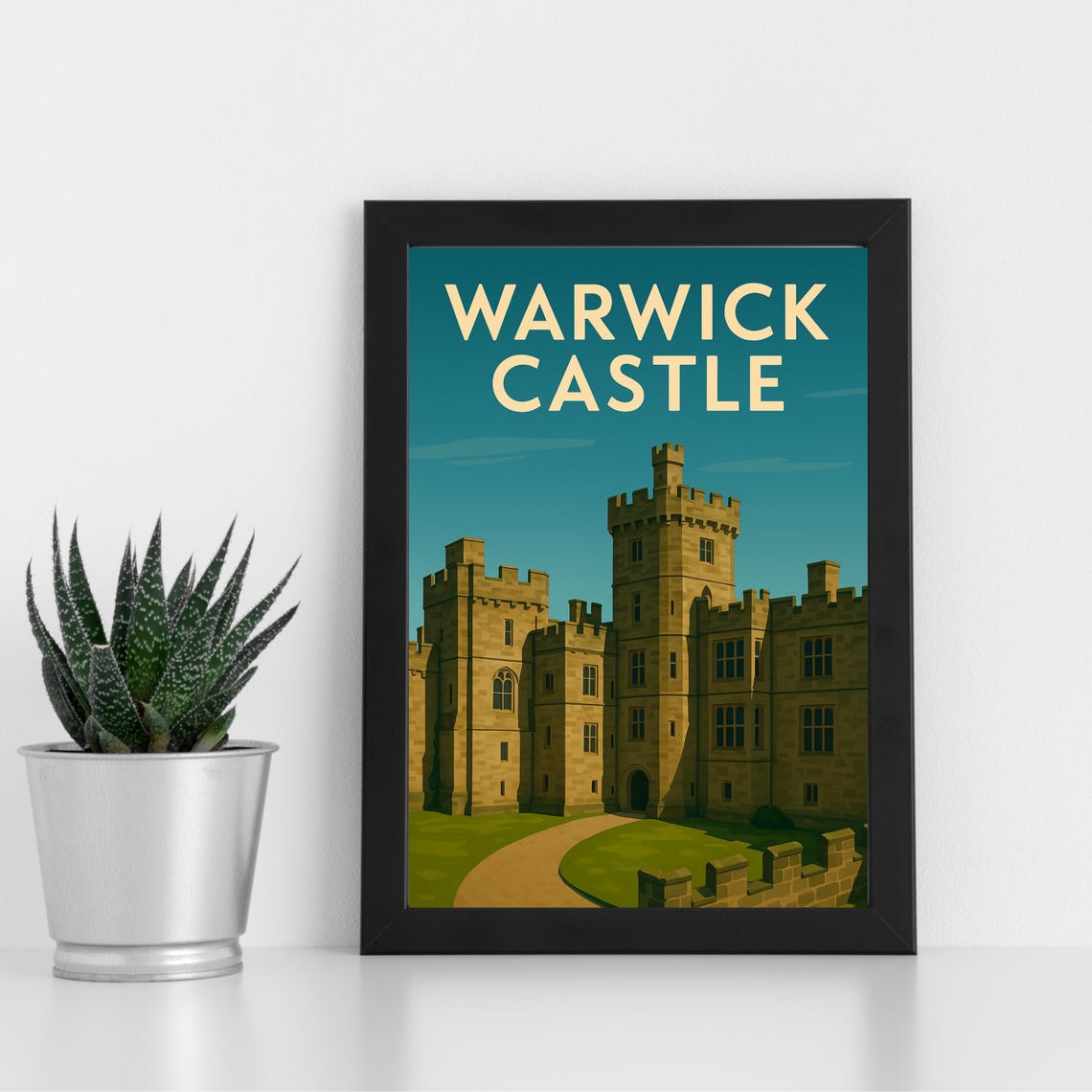 Warwick Castle Vintage Teal Travel Poster England Heritage Art