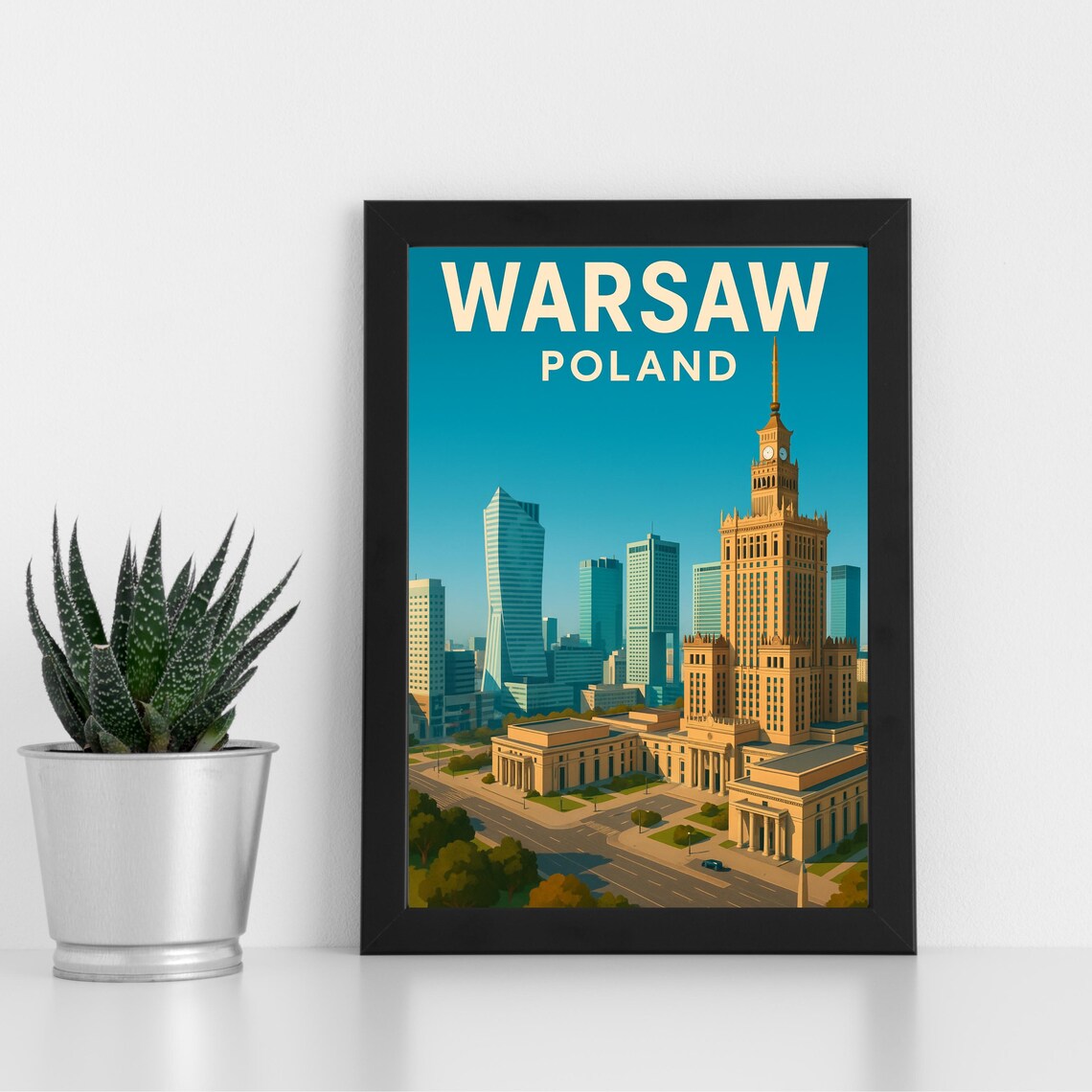Warsaw Poland Vintage Travel Poster Palace of Culture Skyline Poster