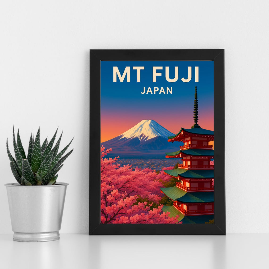 Mount Fuji Japan Cherry Blossom Pagoda Spring Sunset Art Poster