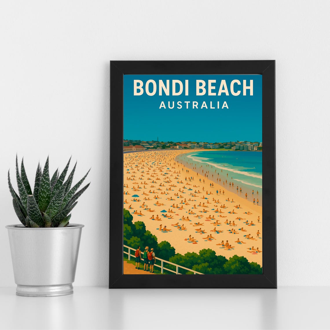 Bondi Beach Australia Crowded Summer Shore Retro Travel Poster