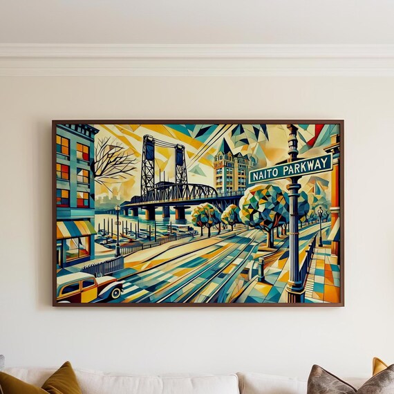 Naito Parkway Portland Oregon Cubist Bridge Cityscape Poster