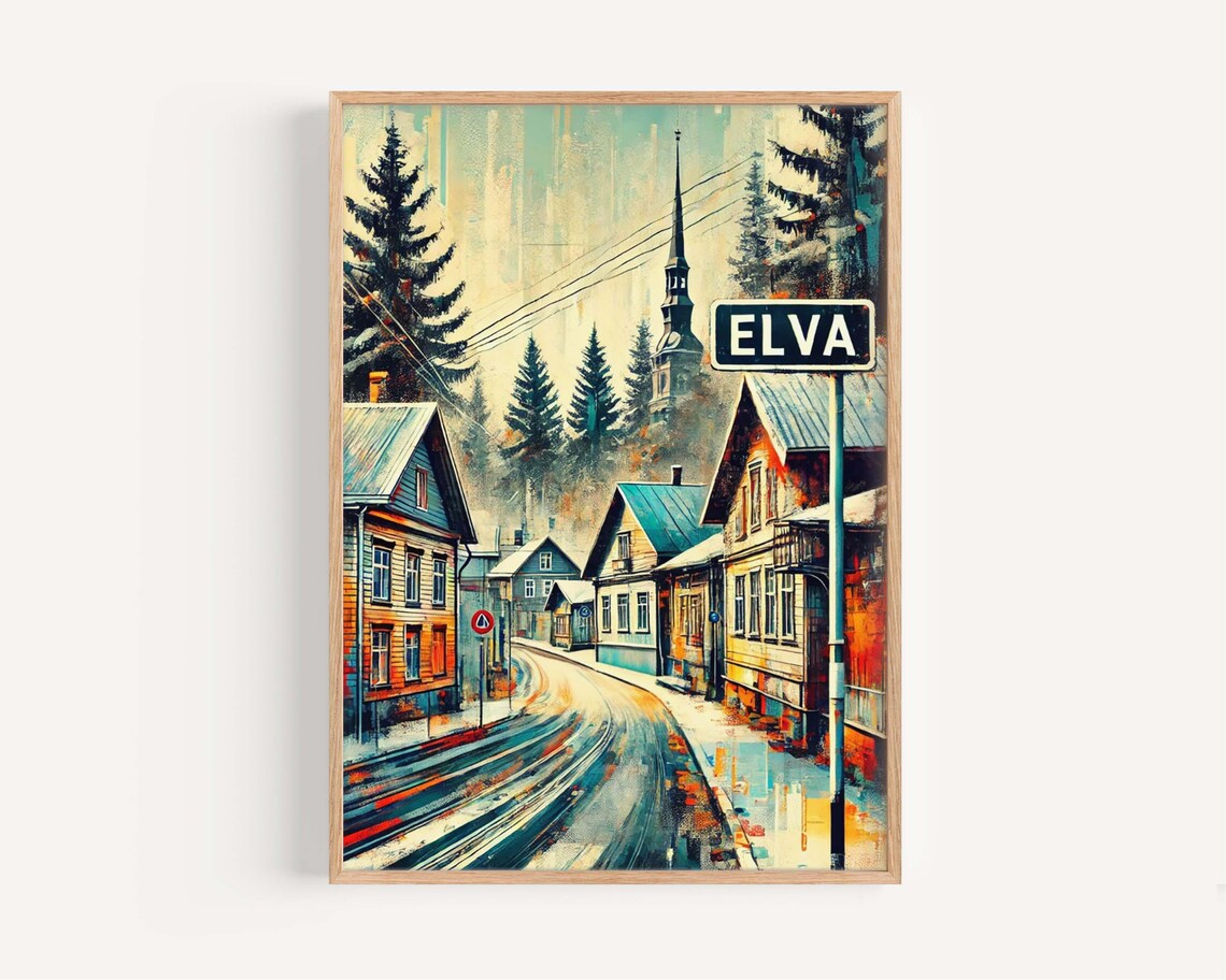 Elva Estonia Winter Village Retro Travel Illustration Poster