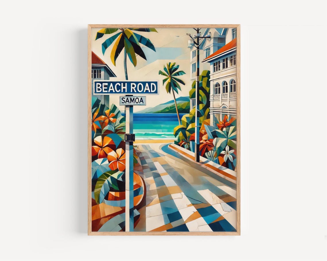 Beach Road Samoa Vibrant Tropical Palm Street Sign Art Poster