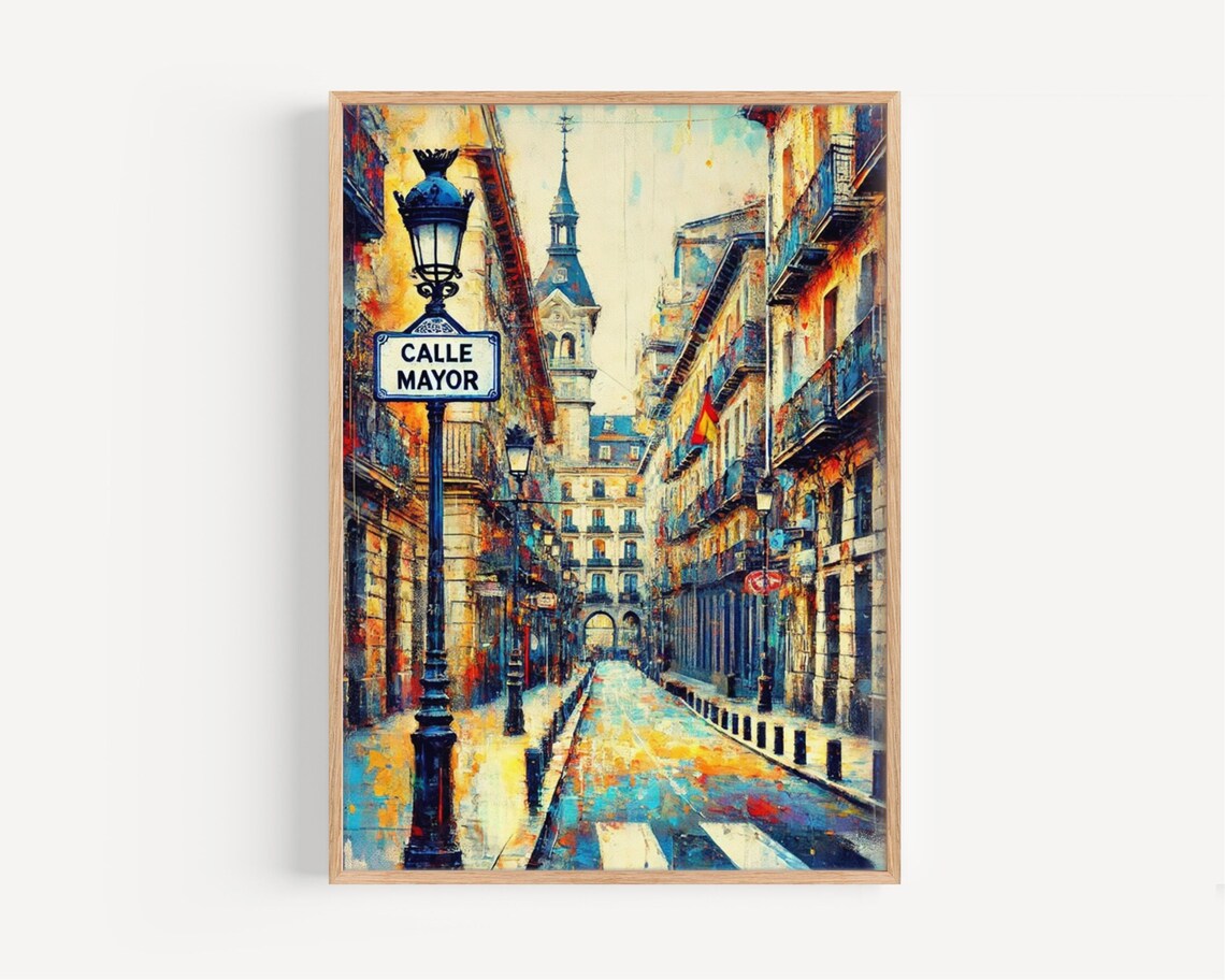 Calle Mayor Madrid Street Sign Watercolor Poster Vibrant City Street Scene Art