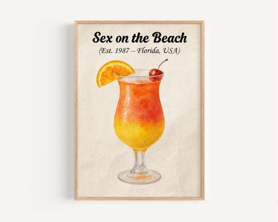 Sex On The Beach Cocktail Artwork Tropical Drink Wall Decor Vacation Themed Art Print Bar Illustration Summer Party Home