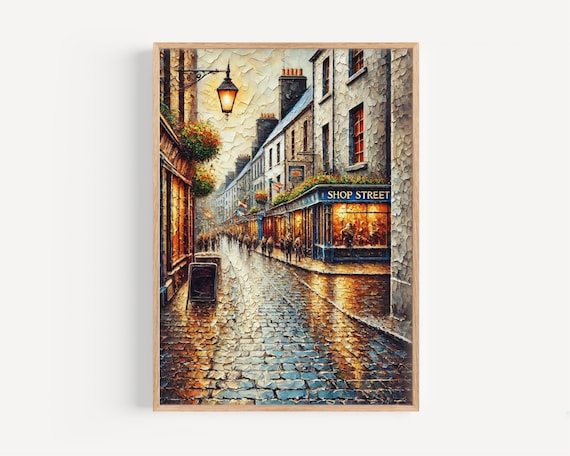Shop Street Galway Ireland Cobblestone Pub Night Impasto Art Poster