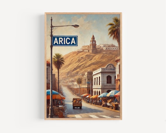 Arica Chile Desert Street Clock Tower Vintage Travel Art Poster