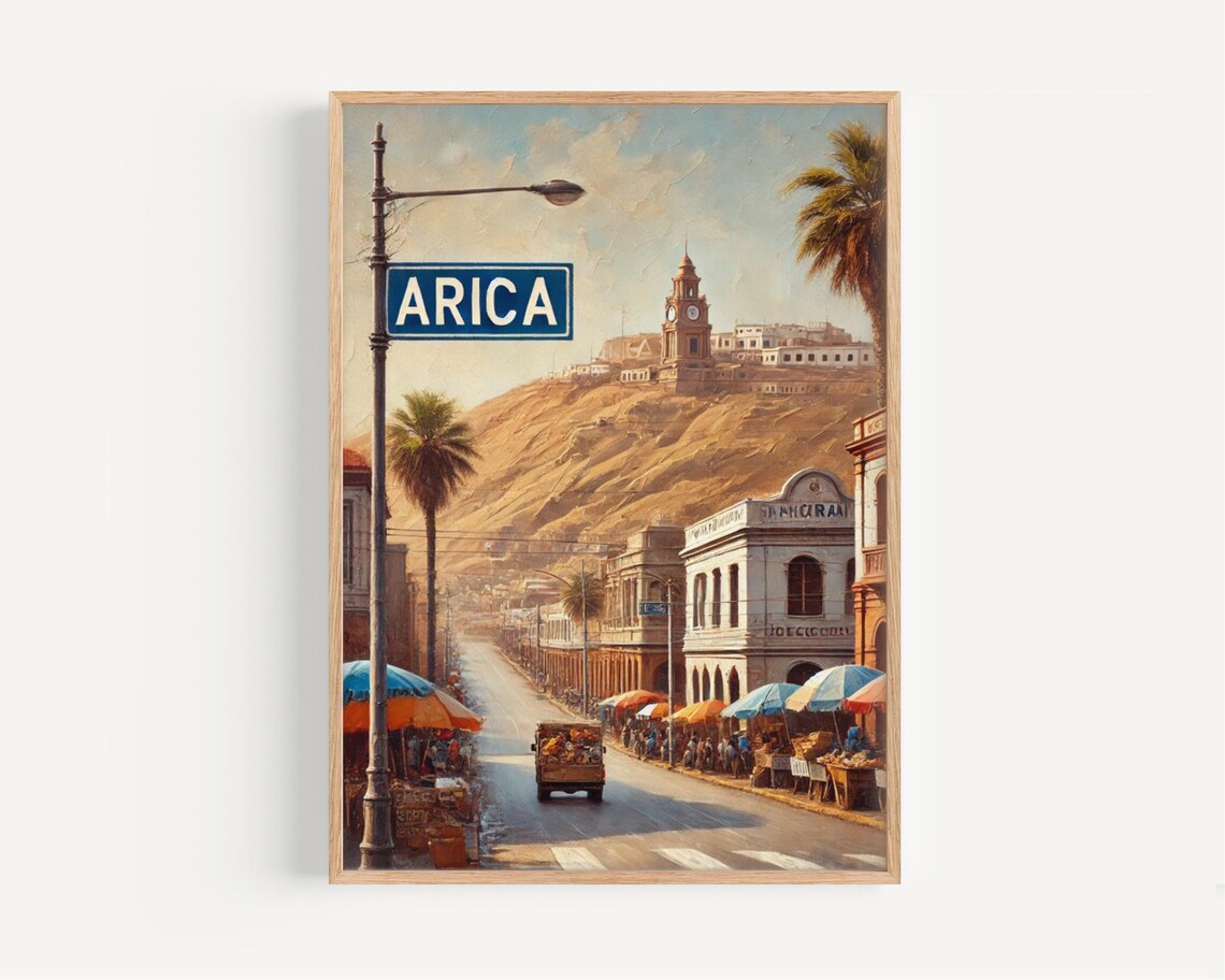 Arica Chile Desert Street Clock Tower Vintage Travel Art Poster