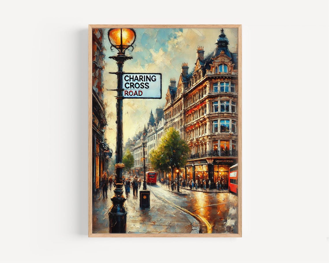 Charing Cross Road London Red Bus Busy Street Vintage Cityscape Poster