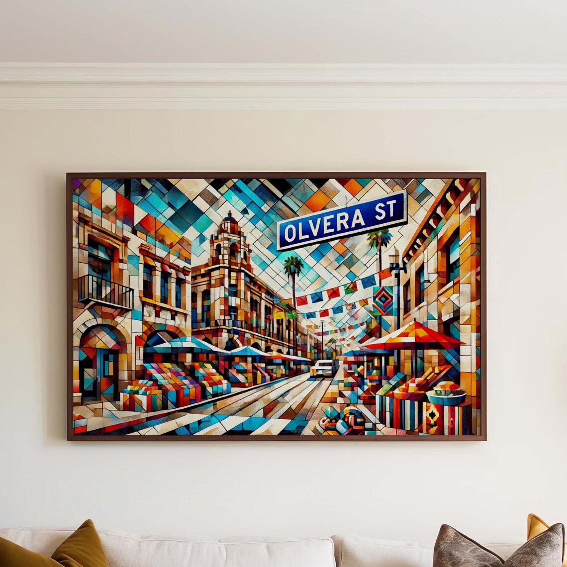 Olvera St Los Angeles Mosaic Cubist Street Scene Colorful Poster