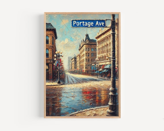 Portage Ave Winnipeg Rainy Street Scene Oil Painting Travel Poster