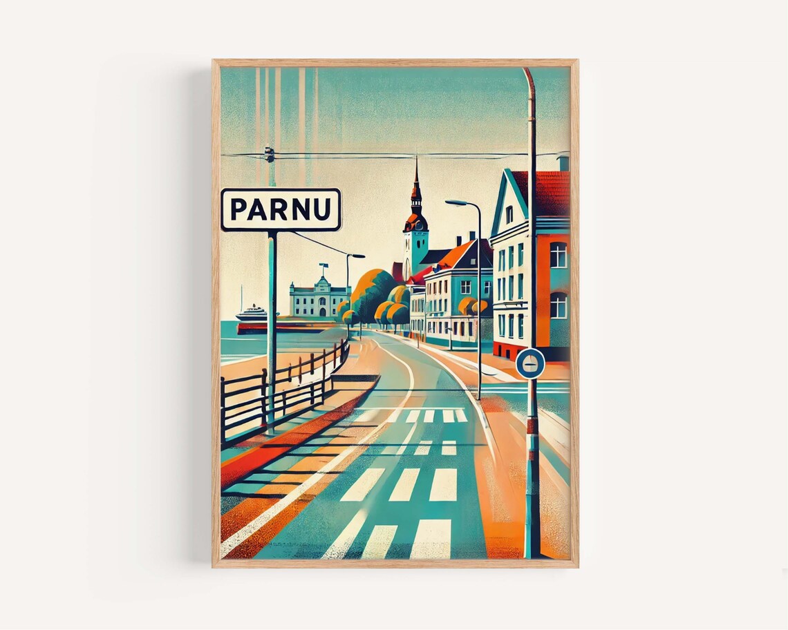 Parnu Estonia Seaside Promenade Retro Street Art Travel Poster