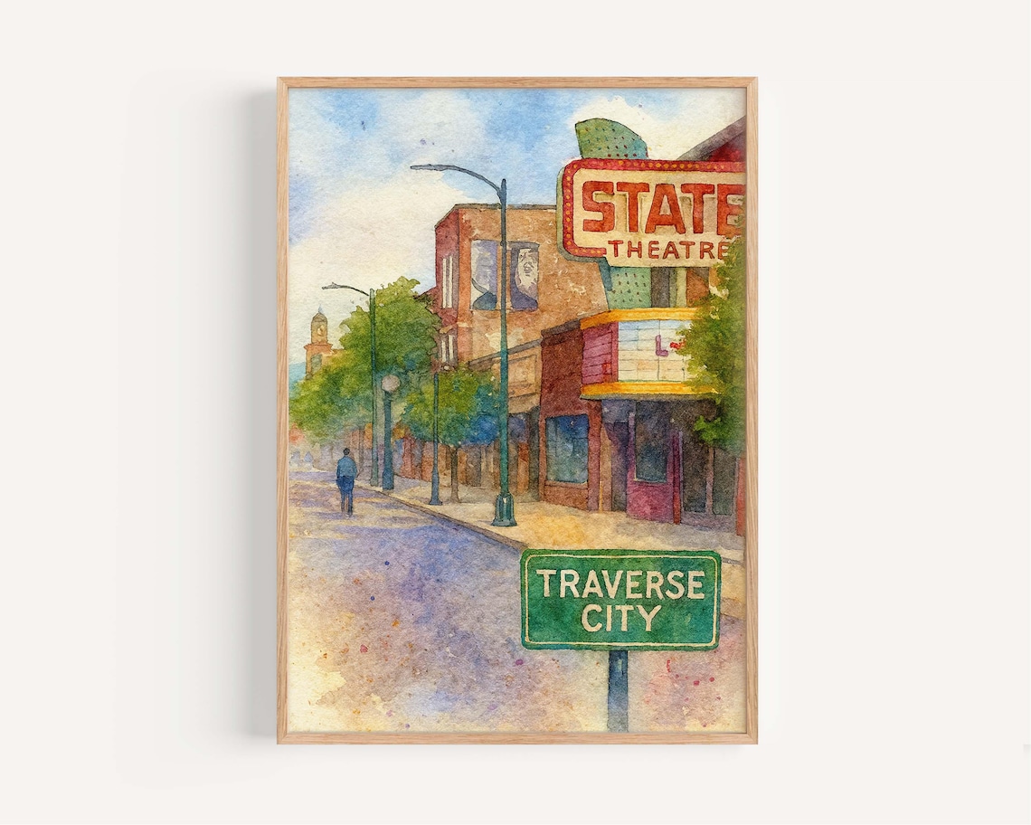 Traverse City State Theatre Watercolor Small Town Street Poster