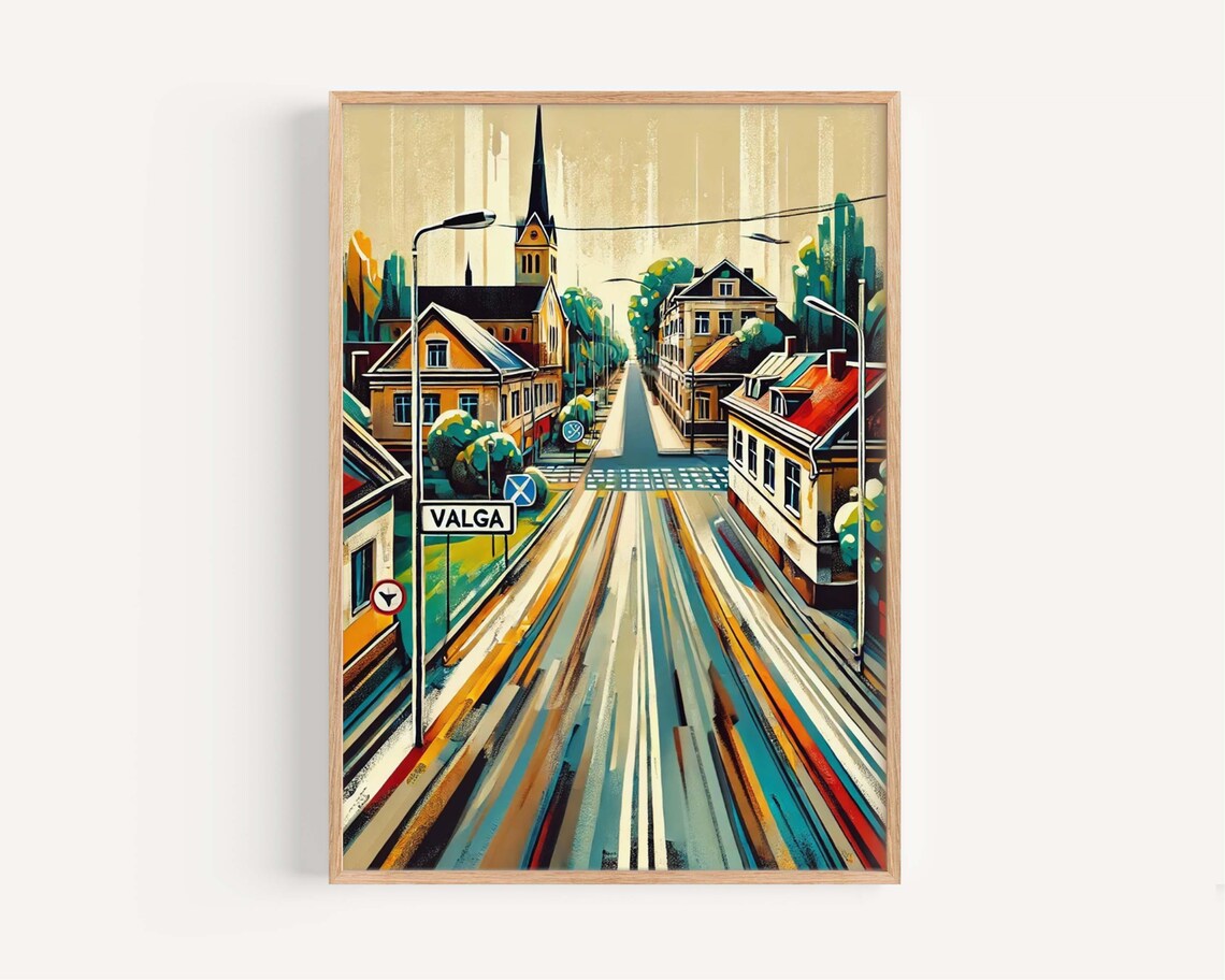 Valga Estonia Historic Church Spire Street Retro Illustration Poster