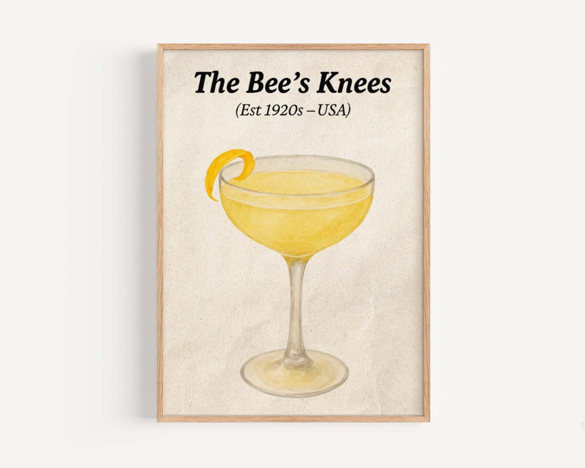 The Bee's Knees 1920s Cocktail Watercolor Retro Bar Decor Art Poster