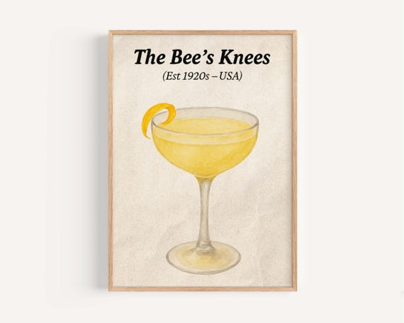 Bees Knees Cocktail Print Retro Gin Drink Lemon Garnish Home Bar Art