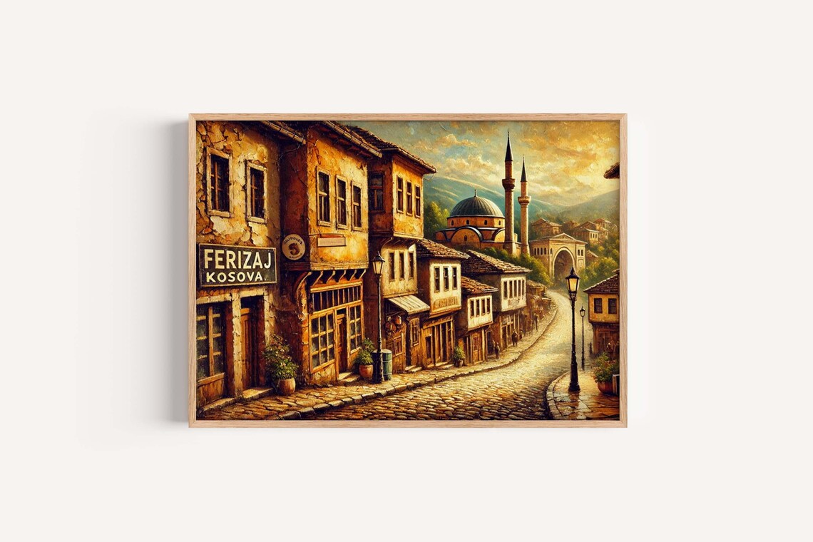 Ferizaj Kosovo Old Town Mosque Cobbled Street Oil Painting Poster