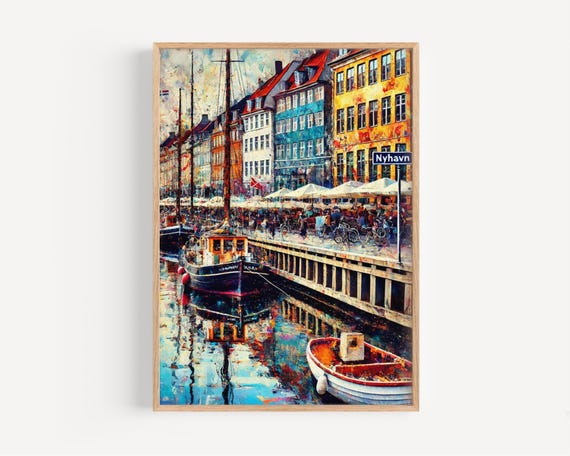 Nyhavn Wall Art Print Copenhagen Travel Poster Denmark Gift Housewarming Decor Colorful Harbor Illustration Scandinavian